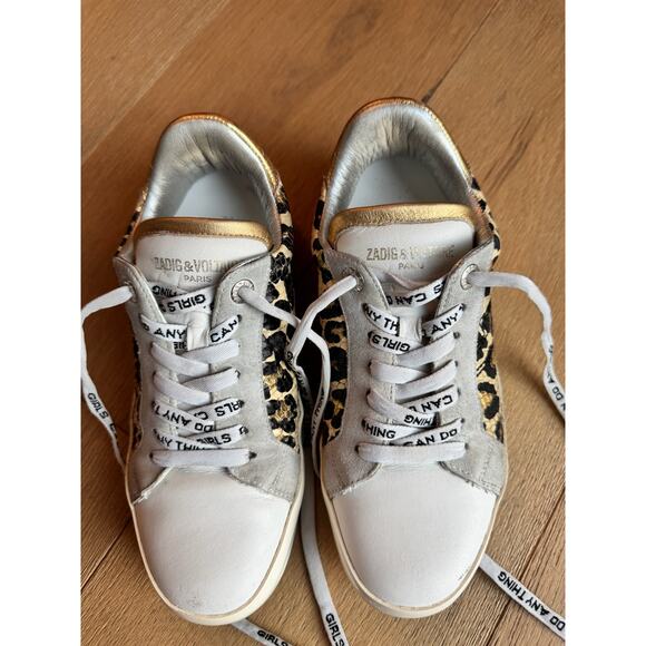 Zadig & Voltaire Leo Wild Leopard Print Lace-up Sneakers Metallic Gold Sz 6.5 - Picture 3 of 9